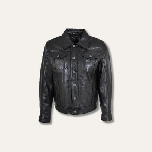 Black Genuine Leather Trucker Jacket - Ninetino