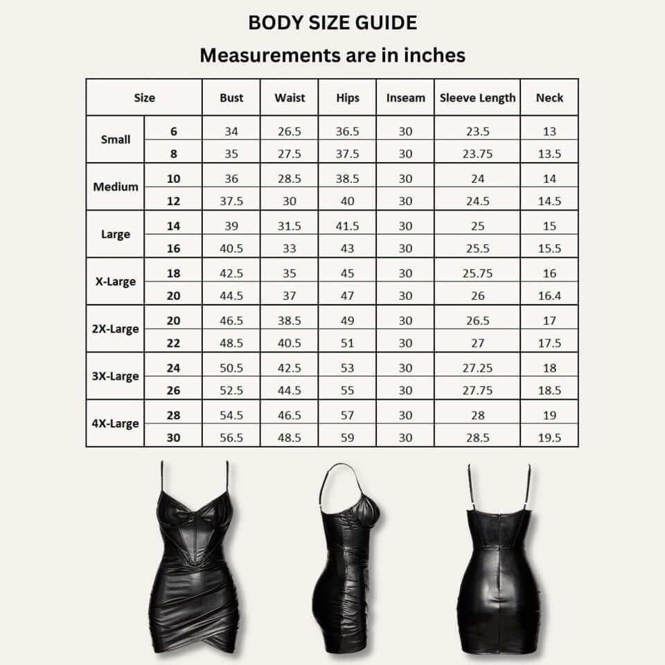 Size chart for leather corset mini dress