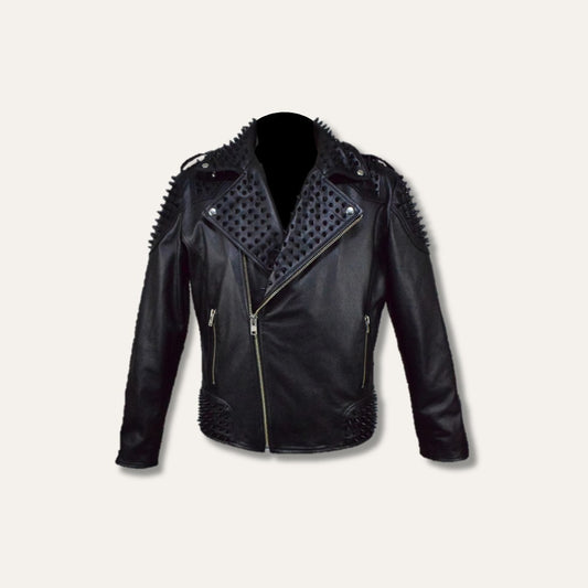 Black Genuine Leather Studded Biker Jacket | Ninetino