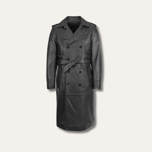 Men's Genuine Leather Trench Coat Black 