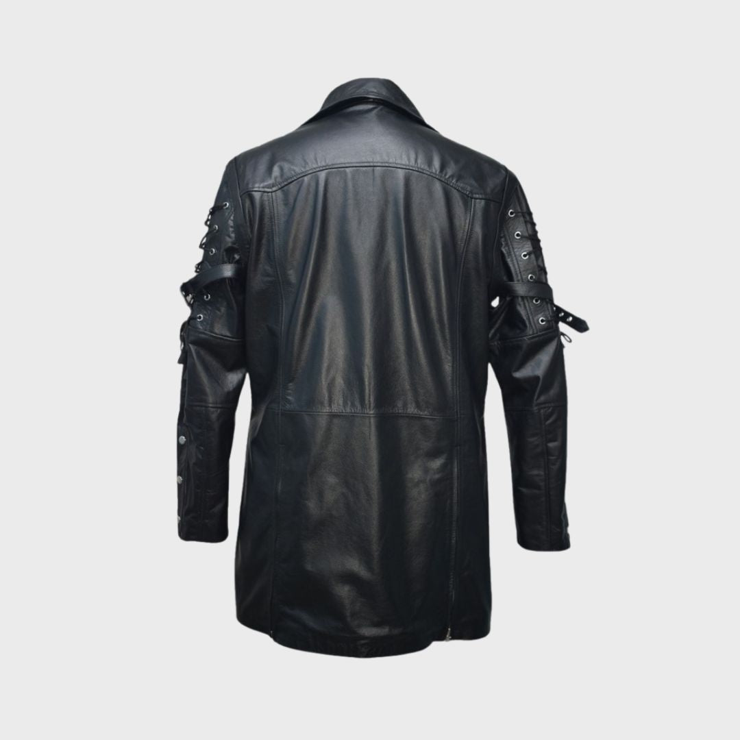 Back view of a men's gothic leather trench coat featuring a long, flowing design.