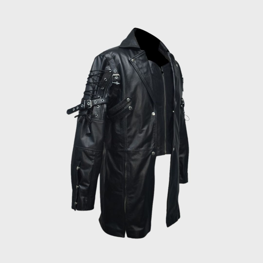 Side profile of a black leather trench coat in steampunk gothic style.