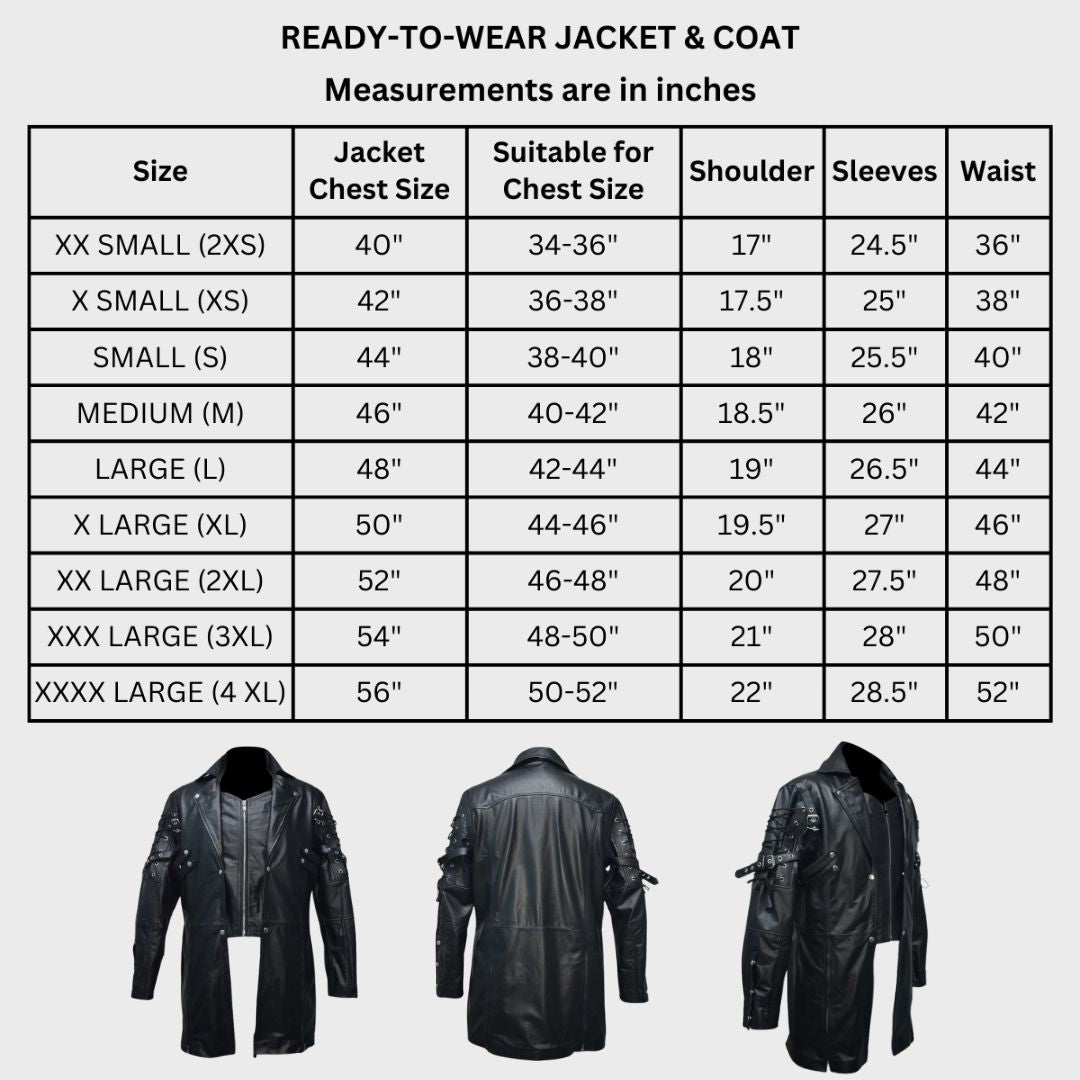 Size chart for men's black leather trench coat in steampunk gothic style.