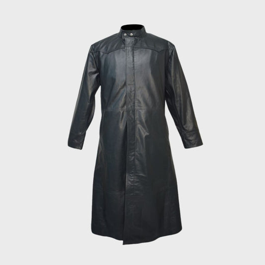 Front view of Neo's black leather trench coat from the Matrix movie.