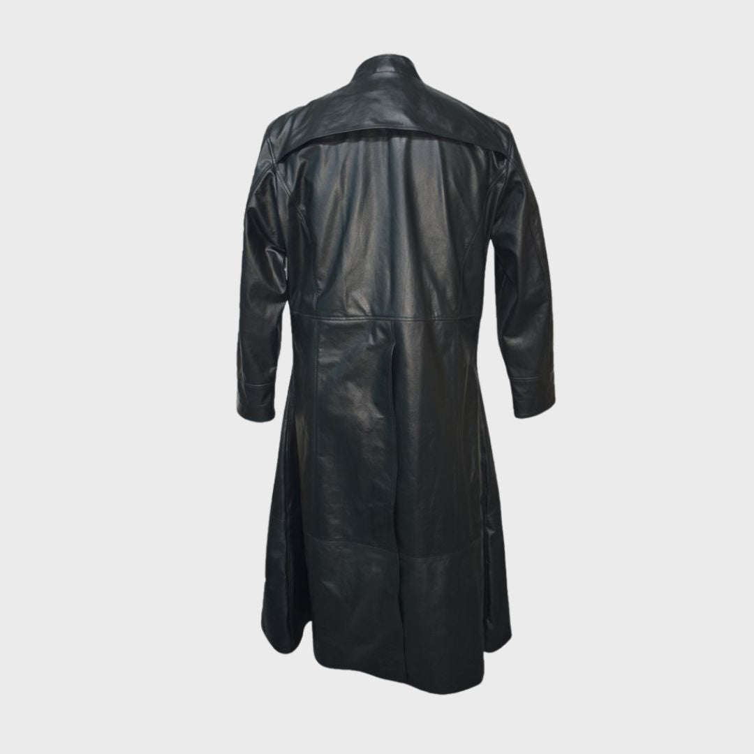 Back view of a long black leather trench coat resembling Neo’s from the Matrix.