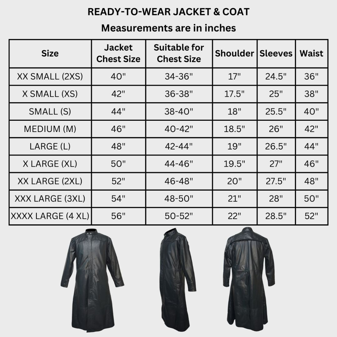 Size chart of a long black leather trench coat resembling Neo from the Matrix.