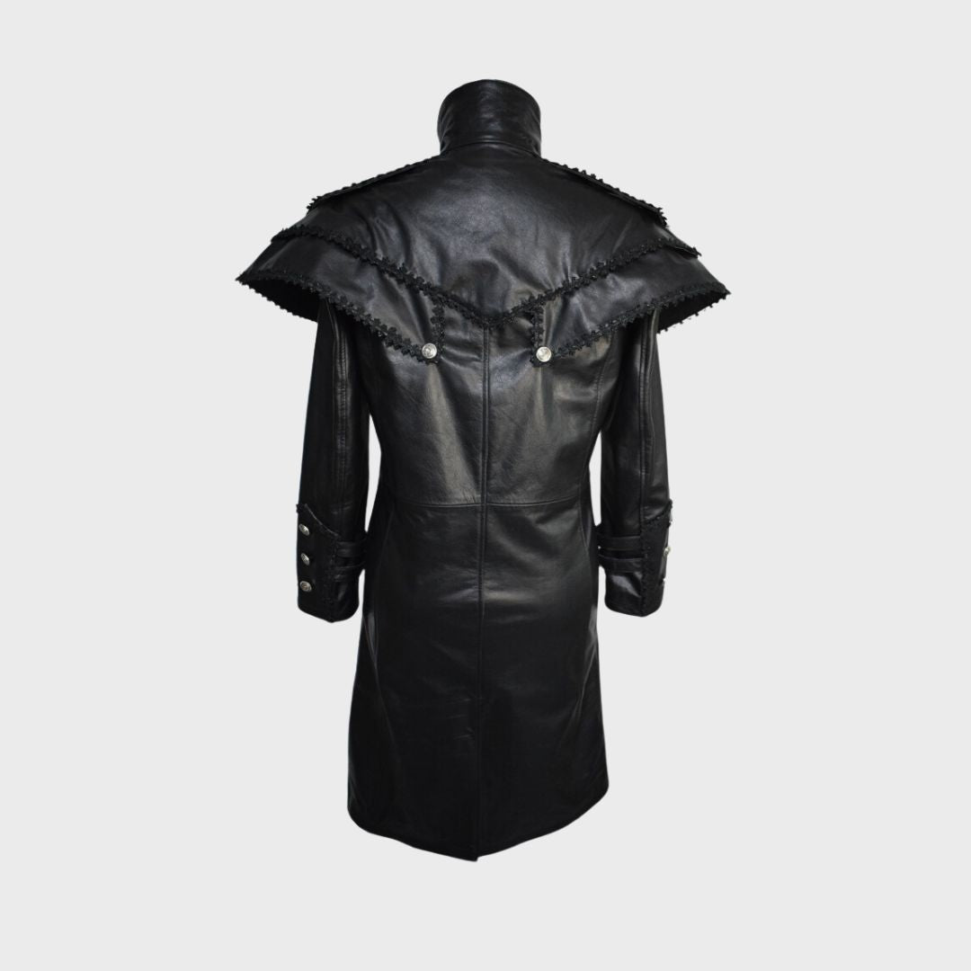 Back view of men’s leather trench coat with flowing duster shoulder design.