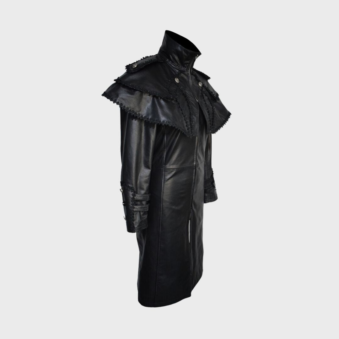 Side profile of a vintage steampunk leather trench coat with gothic details.