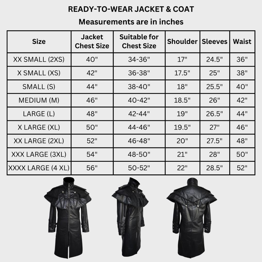 Size chart of duster shoulders on a vintage leather trench coat in gothic style.