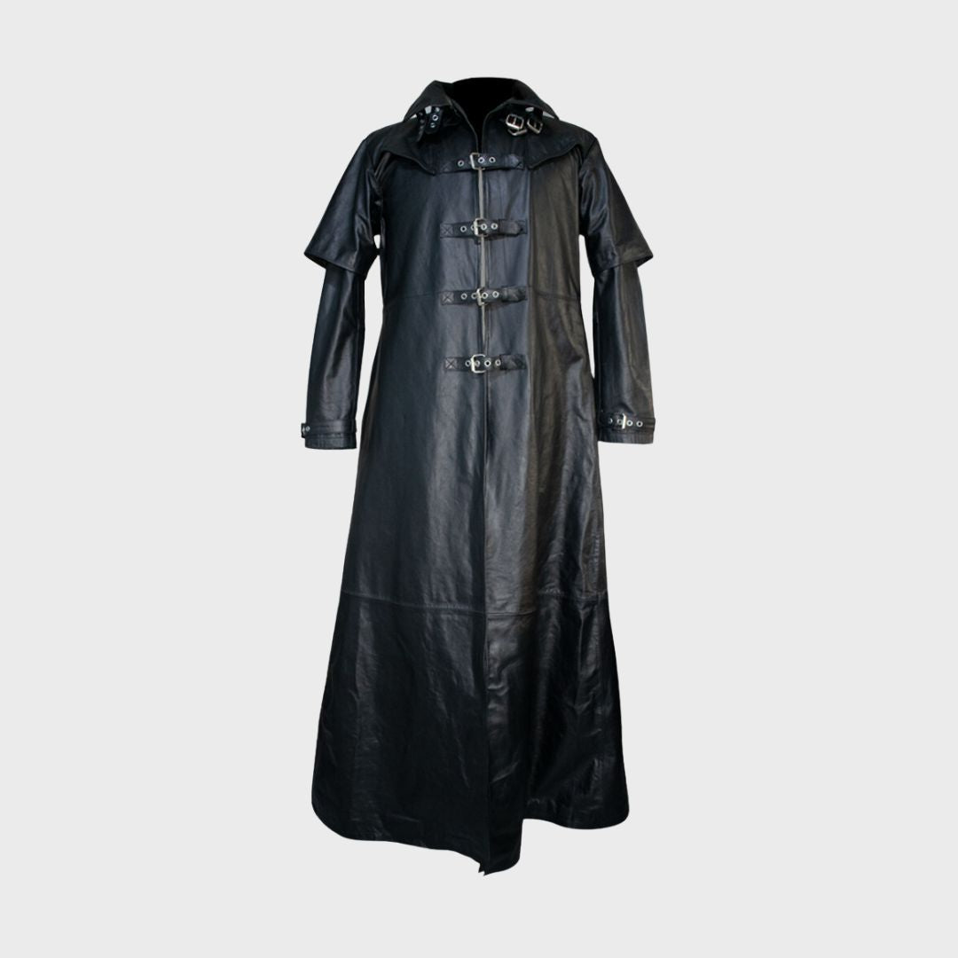 Men’s leather trench coat in vintage steampunk gothic style available for purchase.