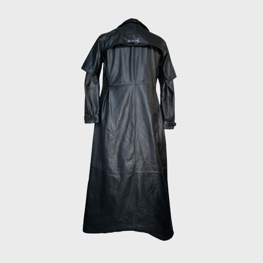 Back view of men’s gothic steampunk leather trench coat showcasing intricate design.