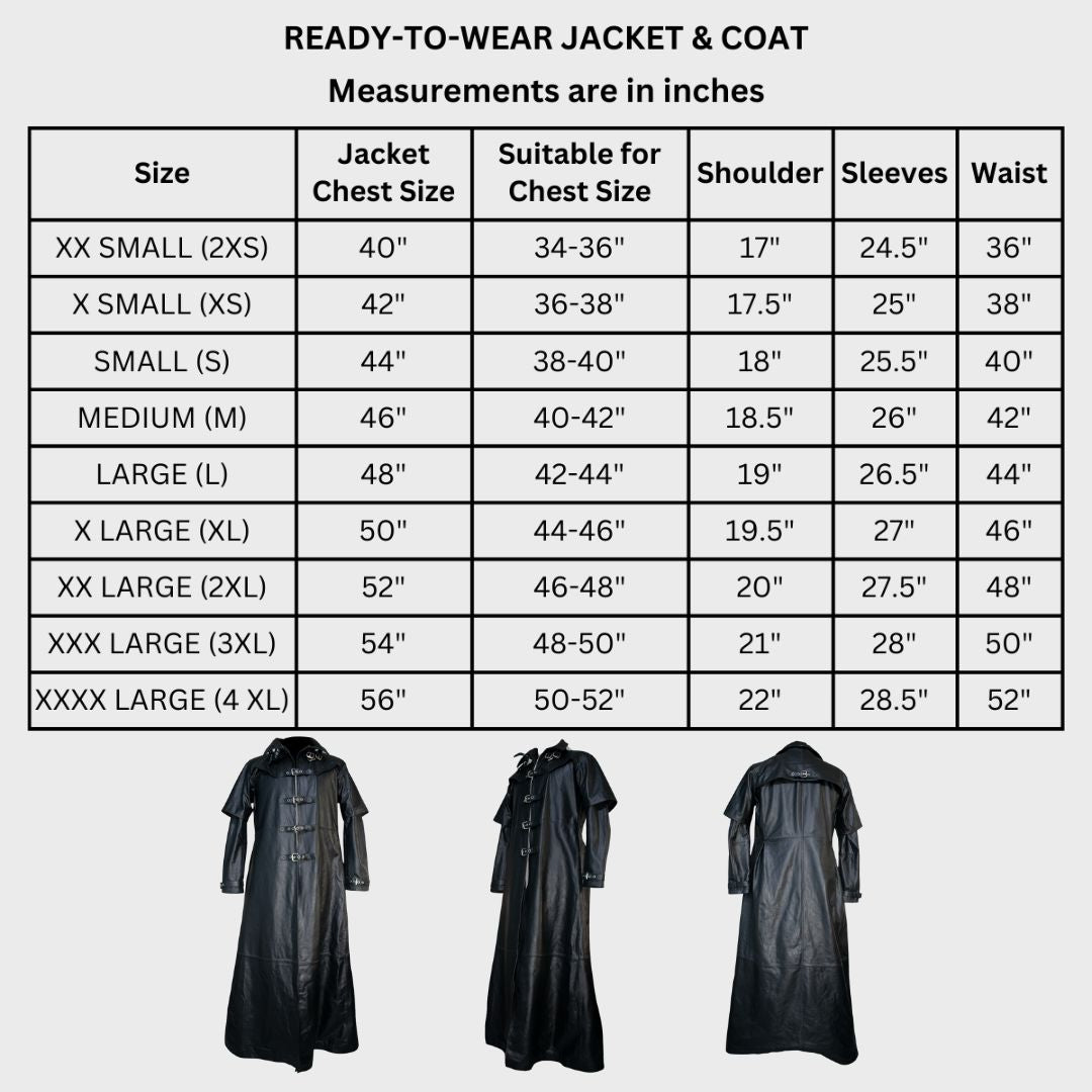 Size chart of a men’s steampunk leather trench coat.