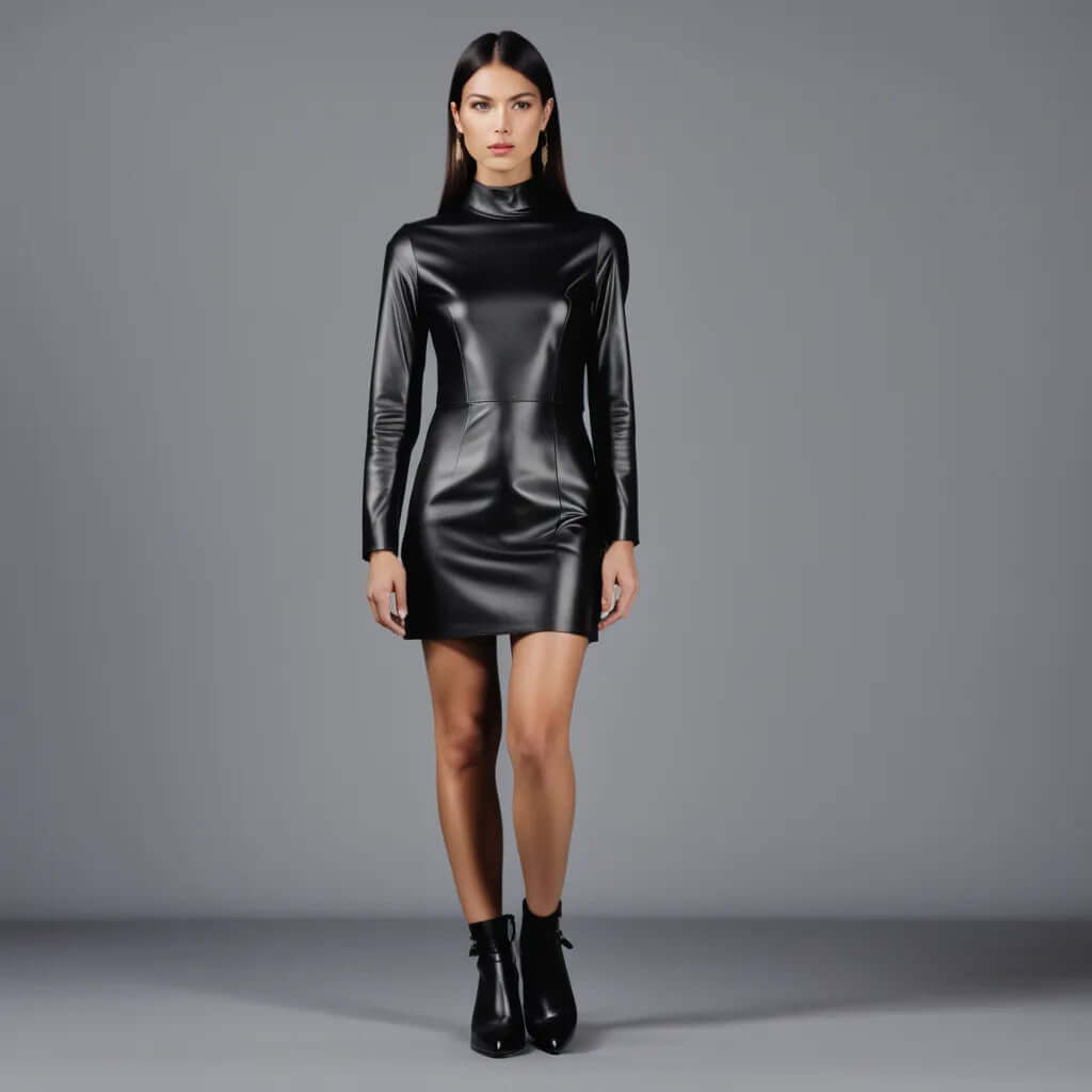 Black AI-designed lambskin leather dress with turtleneck and back zipper