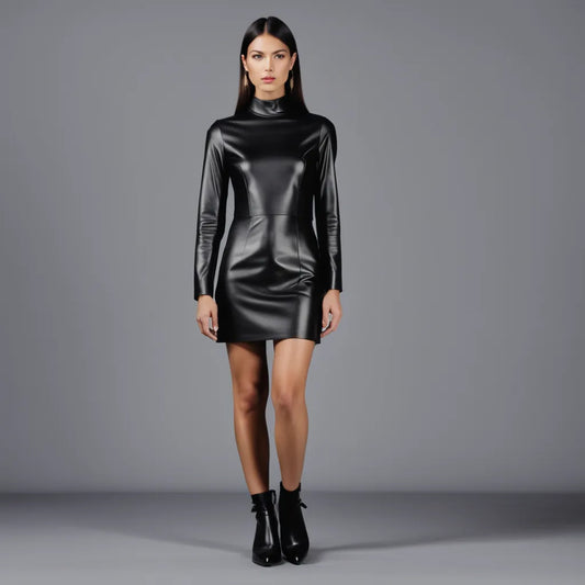 Black AI-designed lambskin leather dress with turtleneck and back zipper
