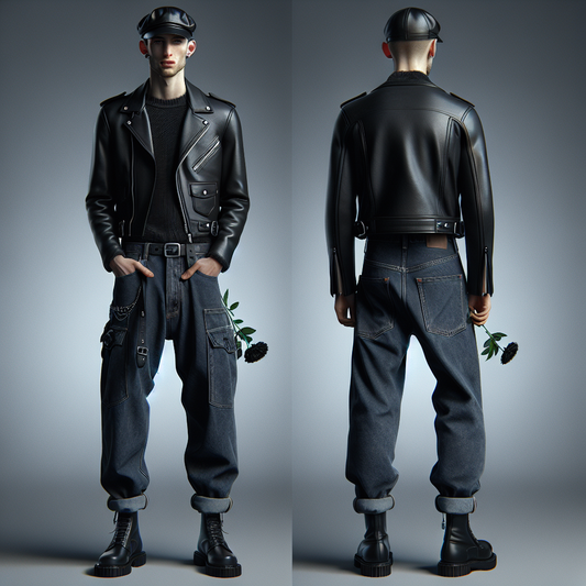 A handsome man wearing a sleek black lambskin biker jacket, showcasing its classic design and soft texture.