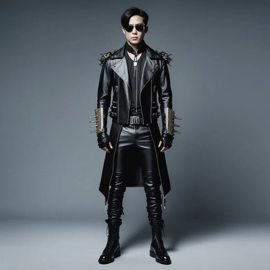 Men's black lambskin leather jacket with silver studs, modeled on a Korean male against a grey background