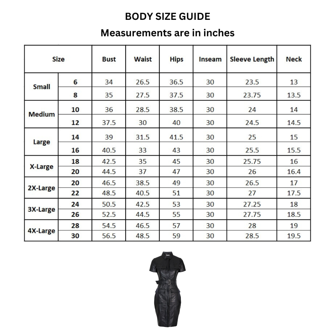 size chart for a leather dress