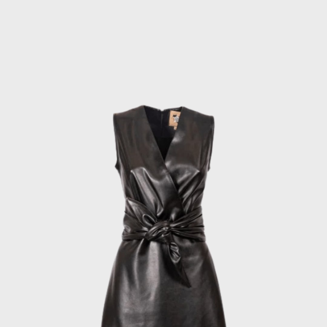 V-neck belted real 100% lambskin midi dress