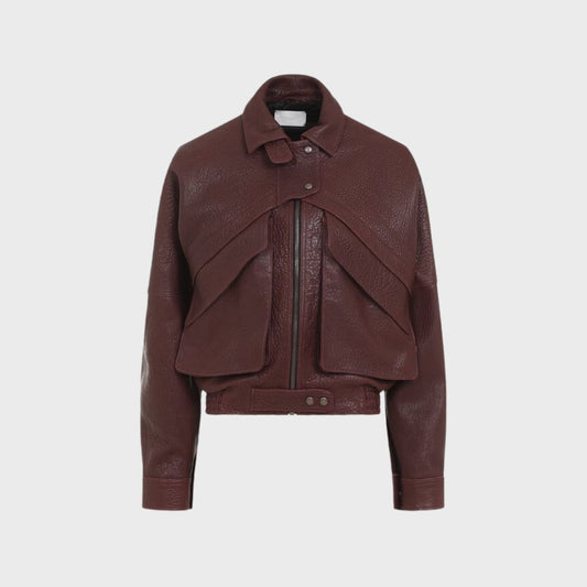 lambskin burgundy leather bomber jacket with pockets for women