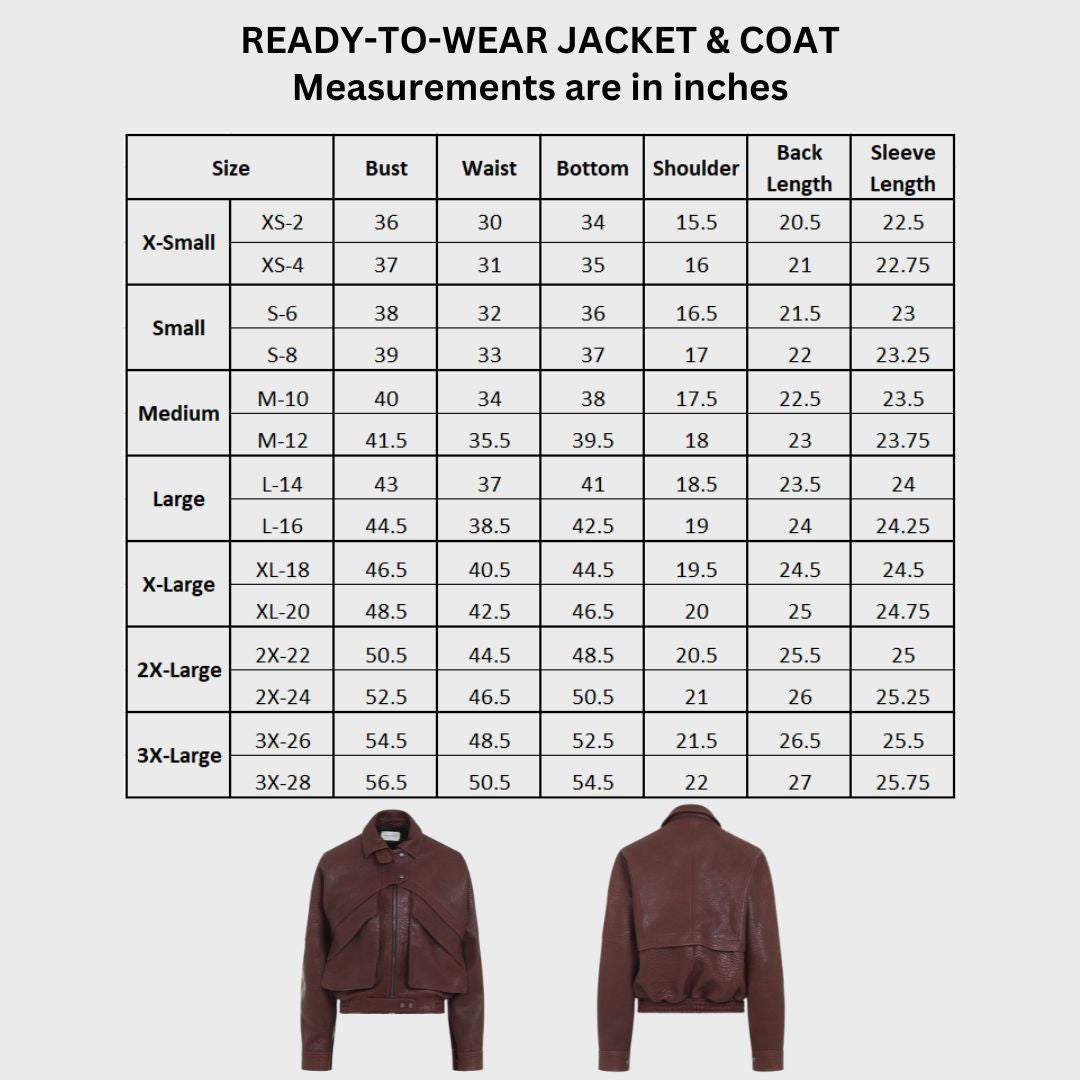 Size chart of burgundy leather blouson bomber jacket handcrafted with lambskin for women