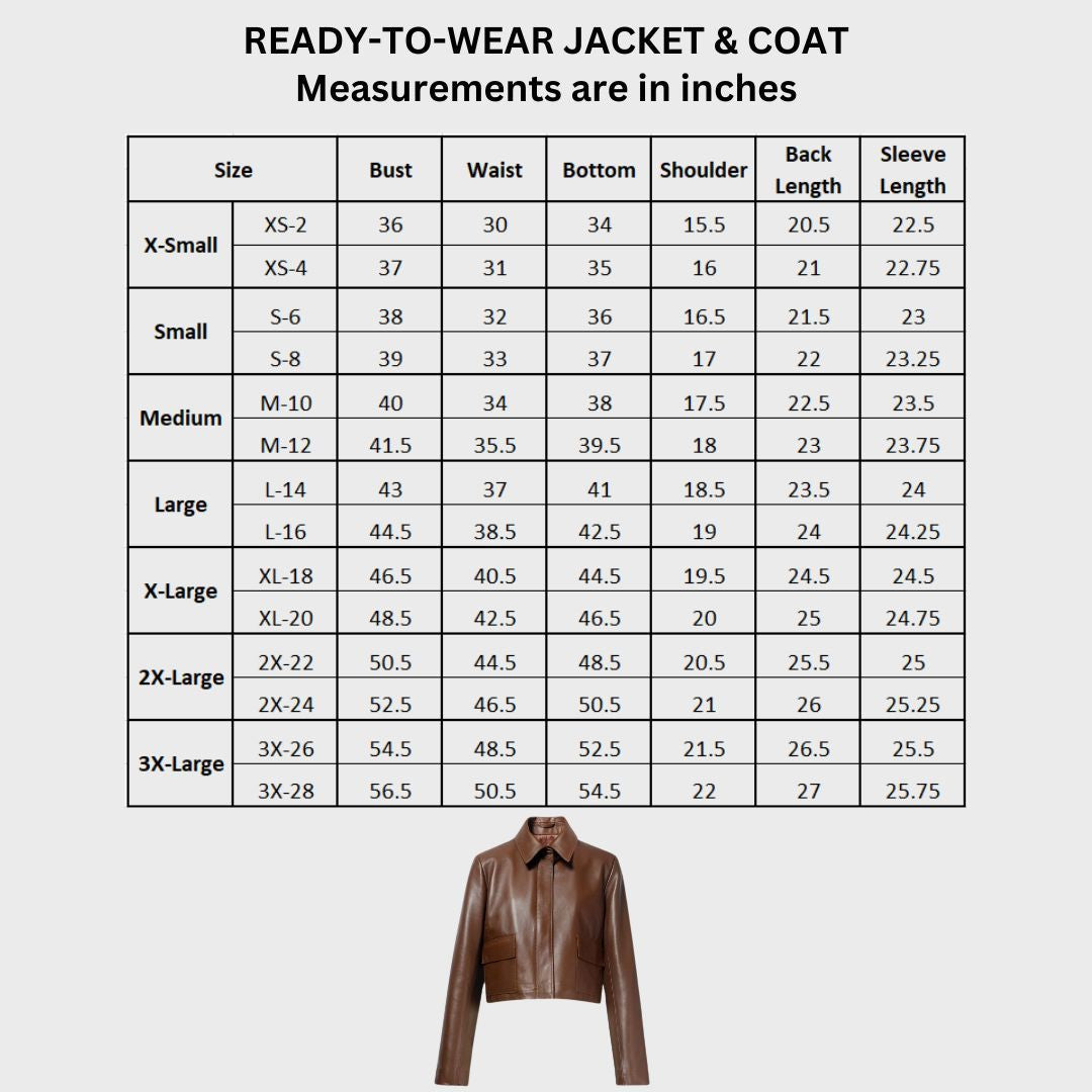 Size chart for womens brown leather jacket handmade with 100% lambskin