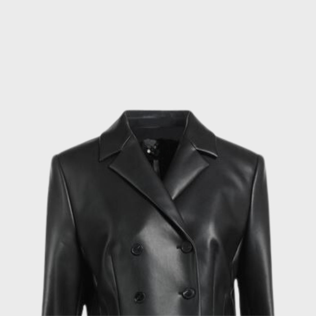 Nancy Black Leather Double Breasted Blazer Top