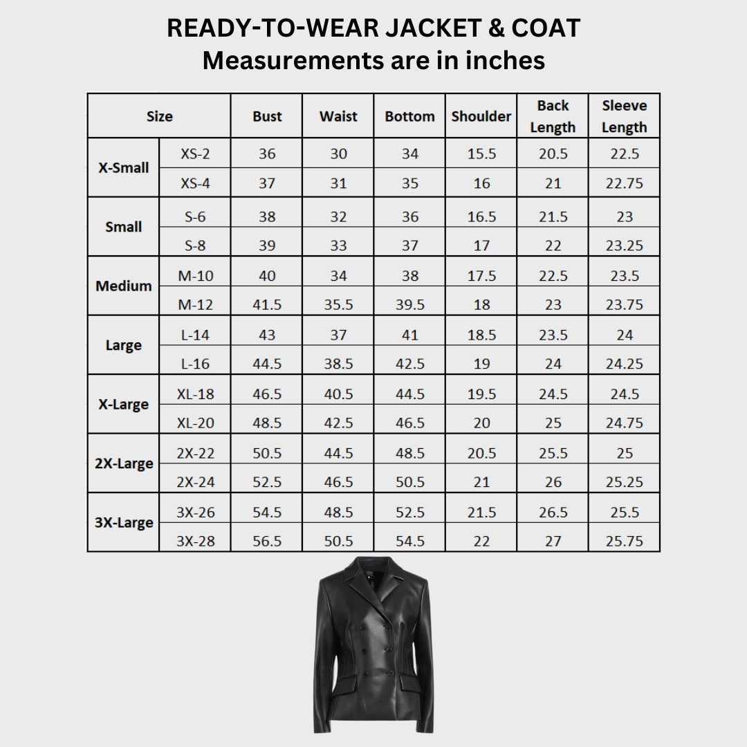 Nancy Black Leather Double Breasted Blazer Size Chart