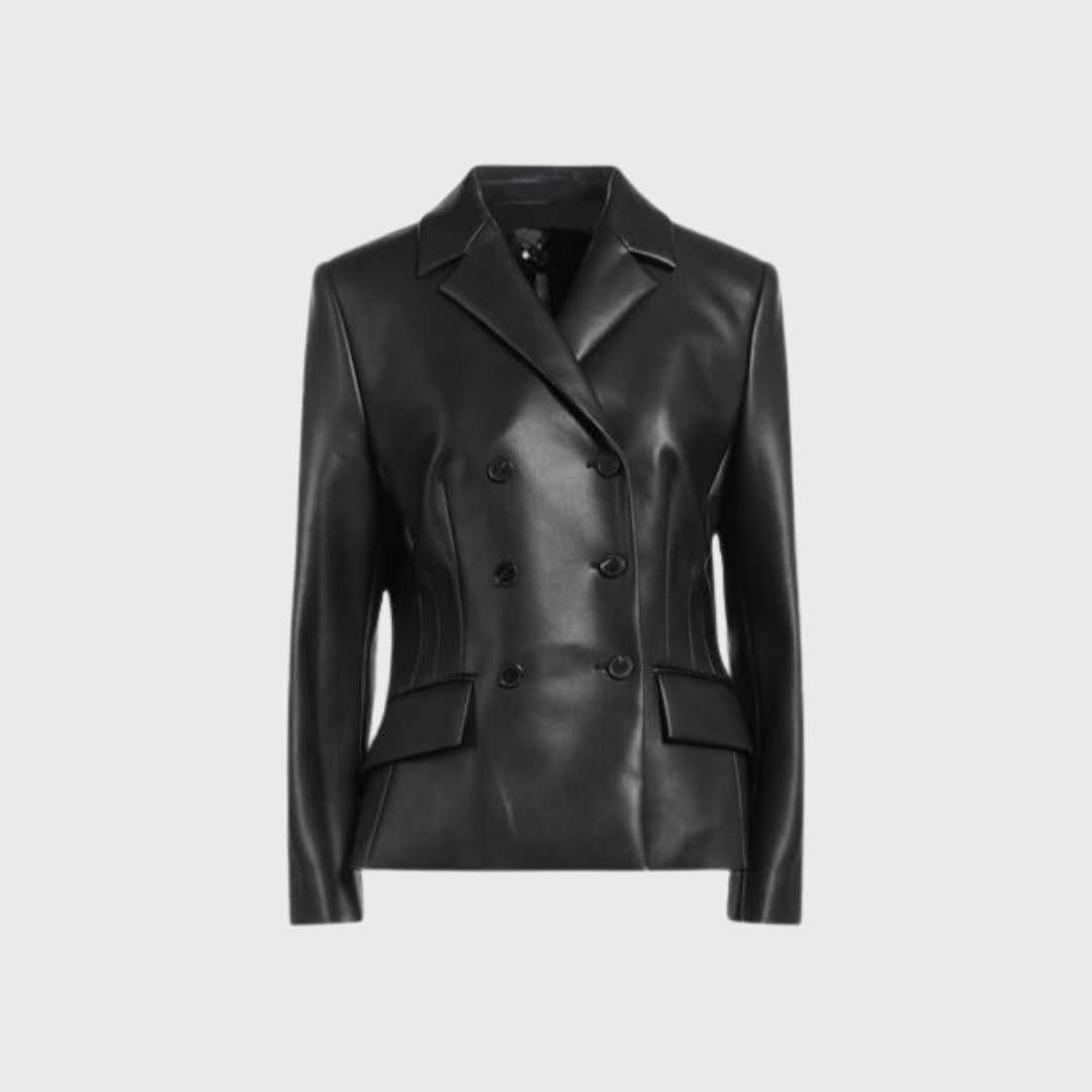 Nancy Black Leather Double Breasted Blazer front