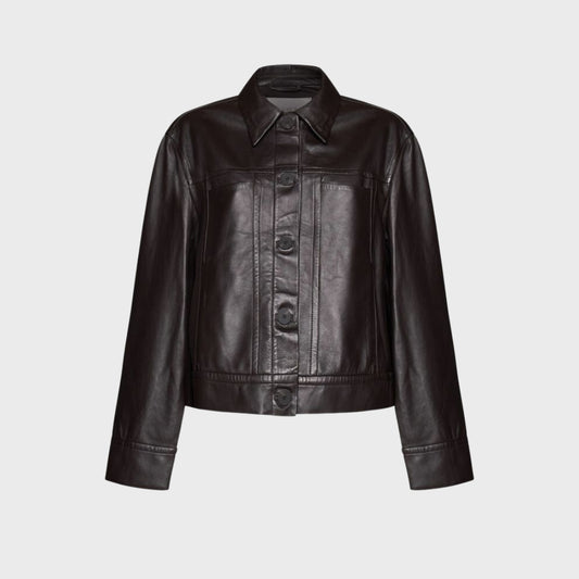 Dark brown leather buttoned shirt jacket for women