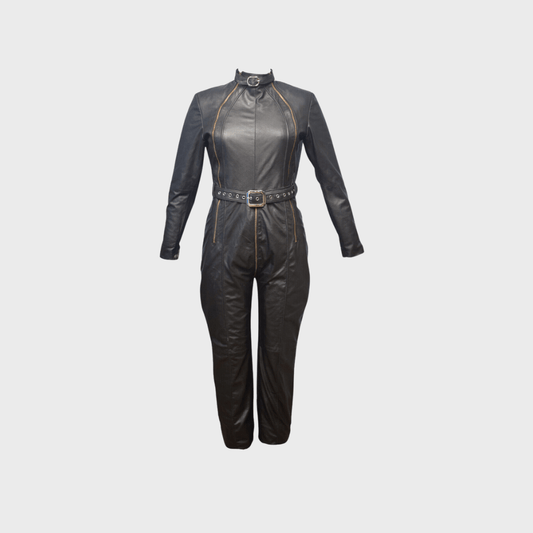 Women's Leather Biker Jumpsuit with Belt and Zipper