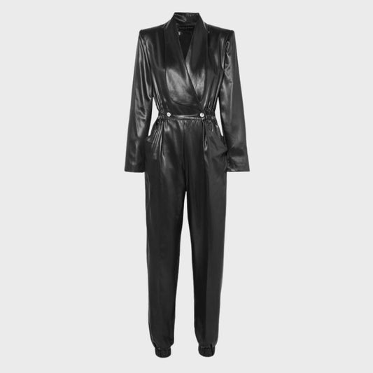 Black Leather Jumpsuit w/ Shawl Collar and Pockets for Women