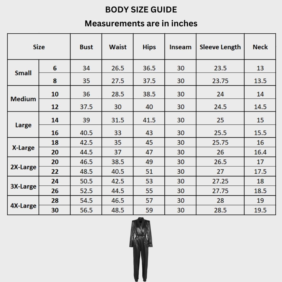 Size chart of a black leather party jumpsuit for women