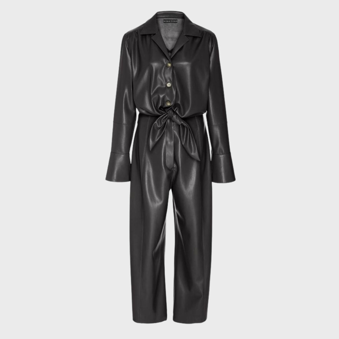 Women's leather jumpsuit with resort collar and front belt