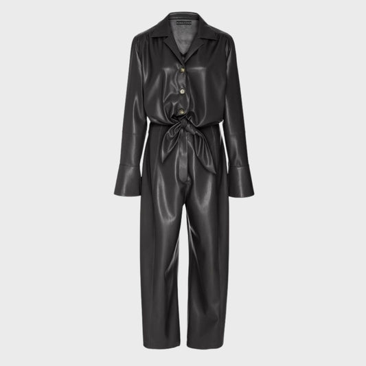 Women's leather jumpsuit with resort collar and front belt