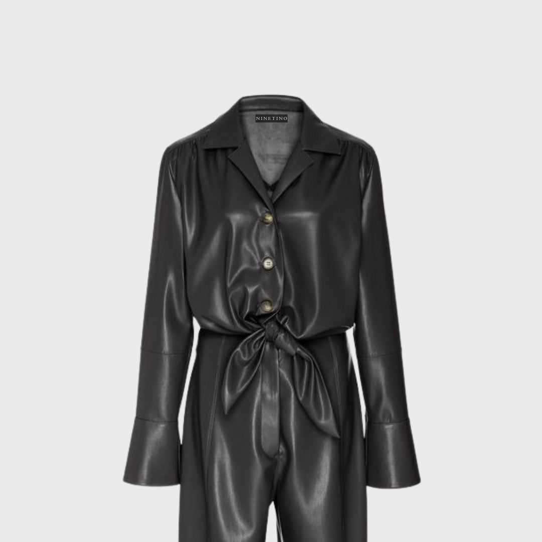 Women's leather jumpsuit with resort collar and front belt and buttoned closure