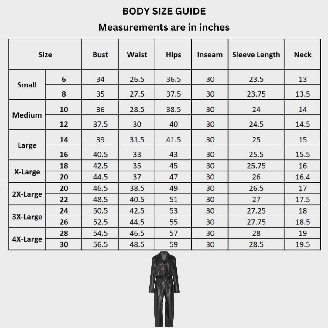 Size chart of black leather jumpsuit for women