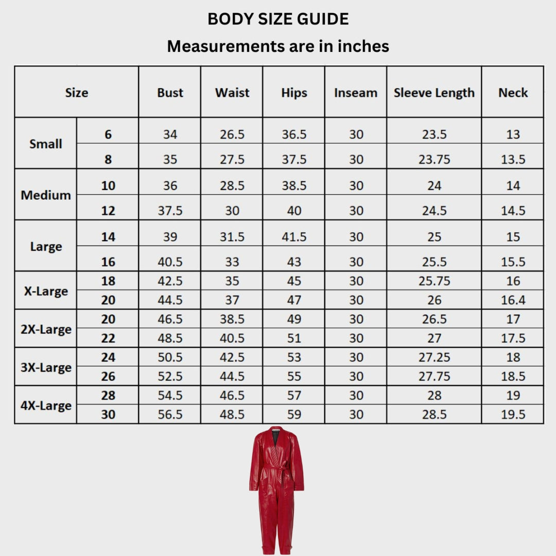 Anna Red Leather Jumpsuit Body size chart