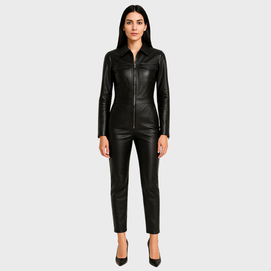Dark hair Italian woman wearing a black leather jumpsuit for women with zipper fastening closure at front, 2 body welt pockets with flap