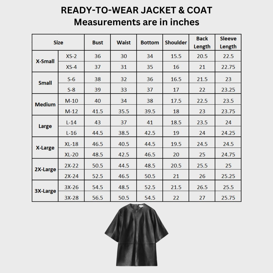 size chart of black leather shirt for women