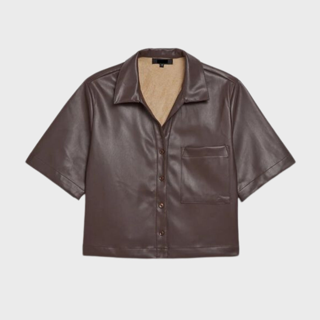 chocolate brown leather shirt with pocket for women