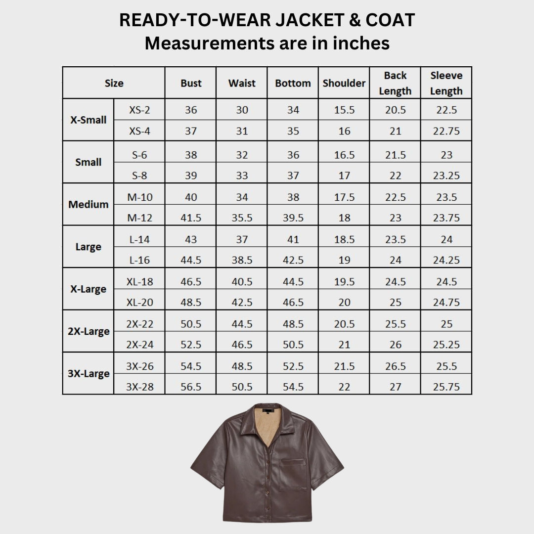 Size chart of chocolate brown leather shirt 