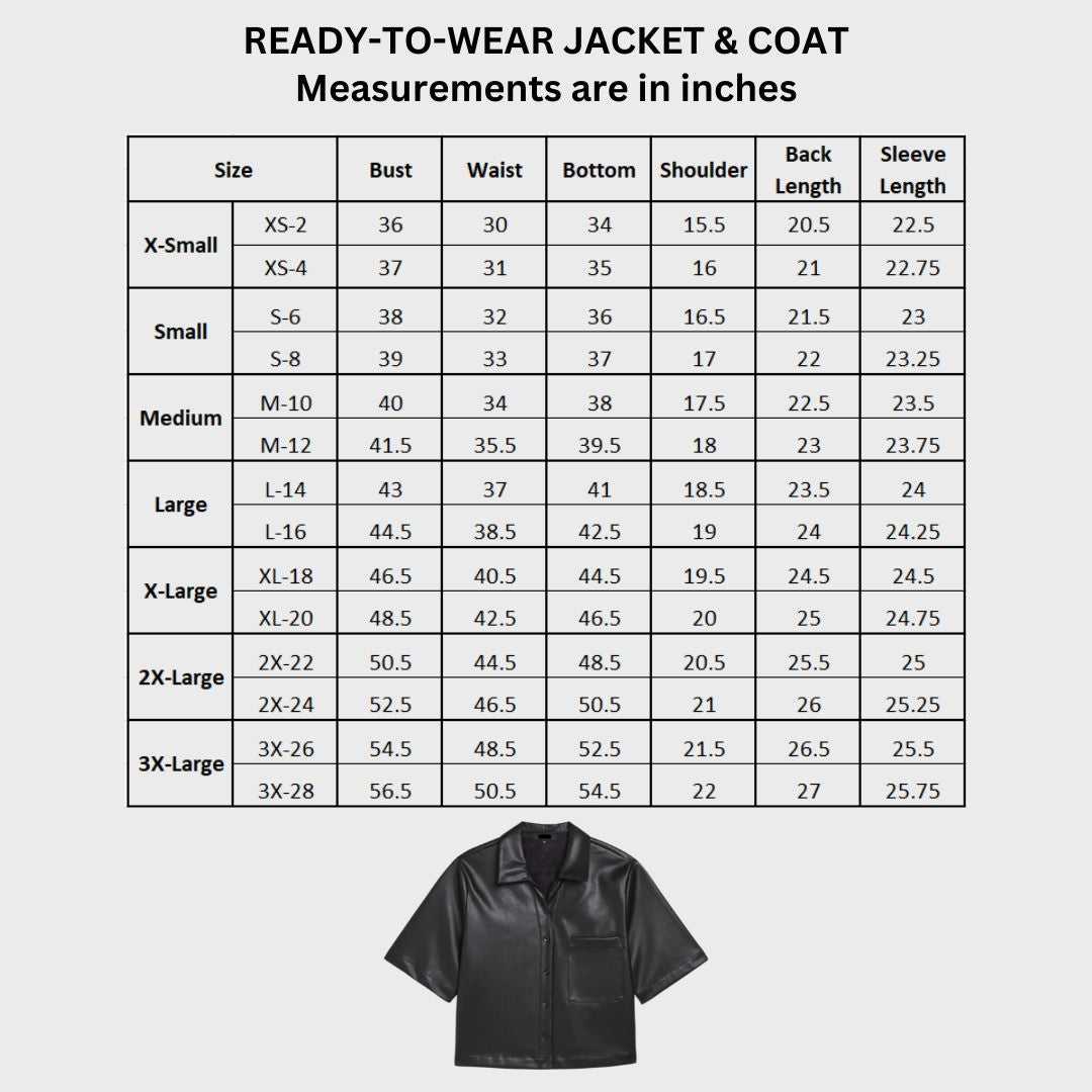 size chart of black leather button down shirt for women