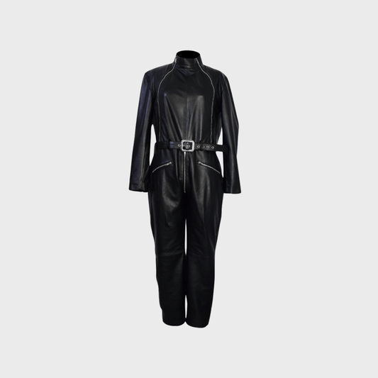 Women's Leather Biker Jumpsuit with Belt