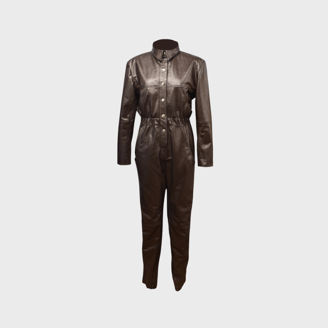 Women’s Brown Leather Party Jumpsuit with Buttons