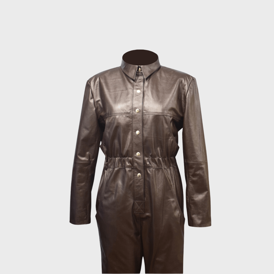 Trendy Brown Leather Jumpsuit with Button Closure