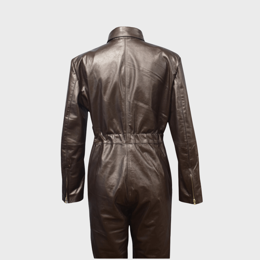 Women's Elegant Brown Leather Party Jumpsuit