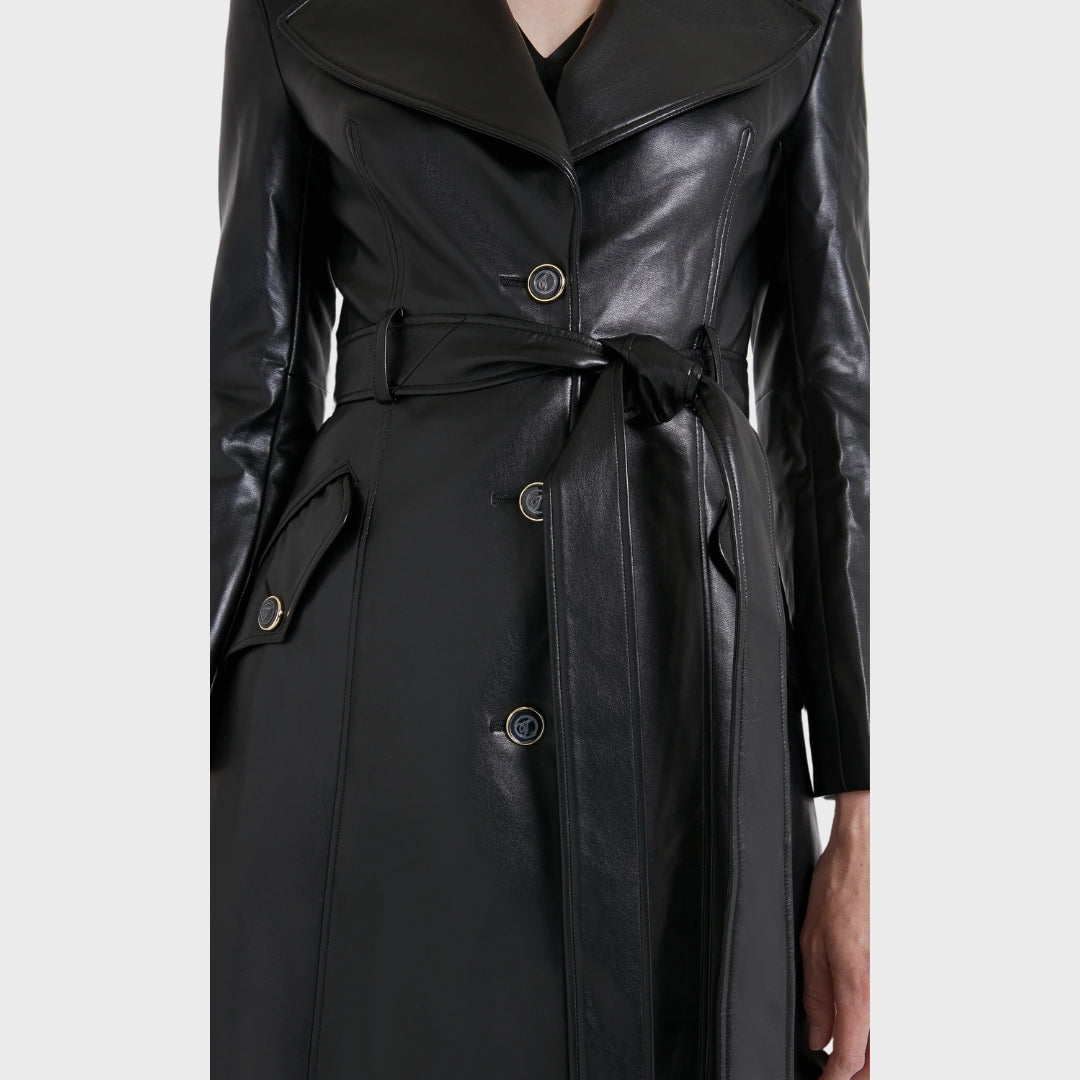 Lara Black Leather Trench Coat 3