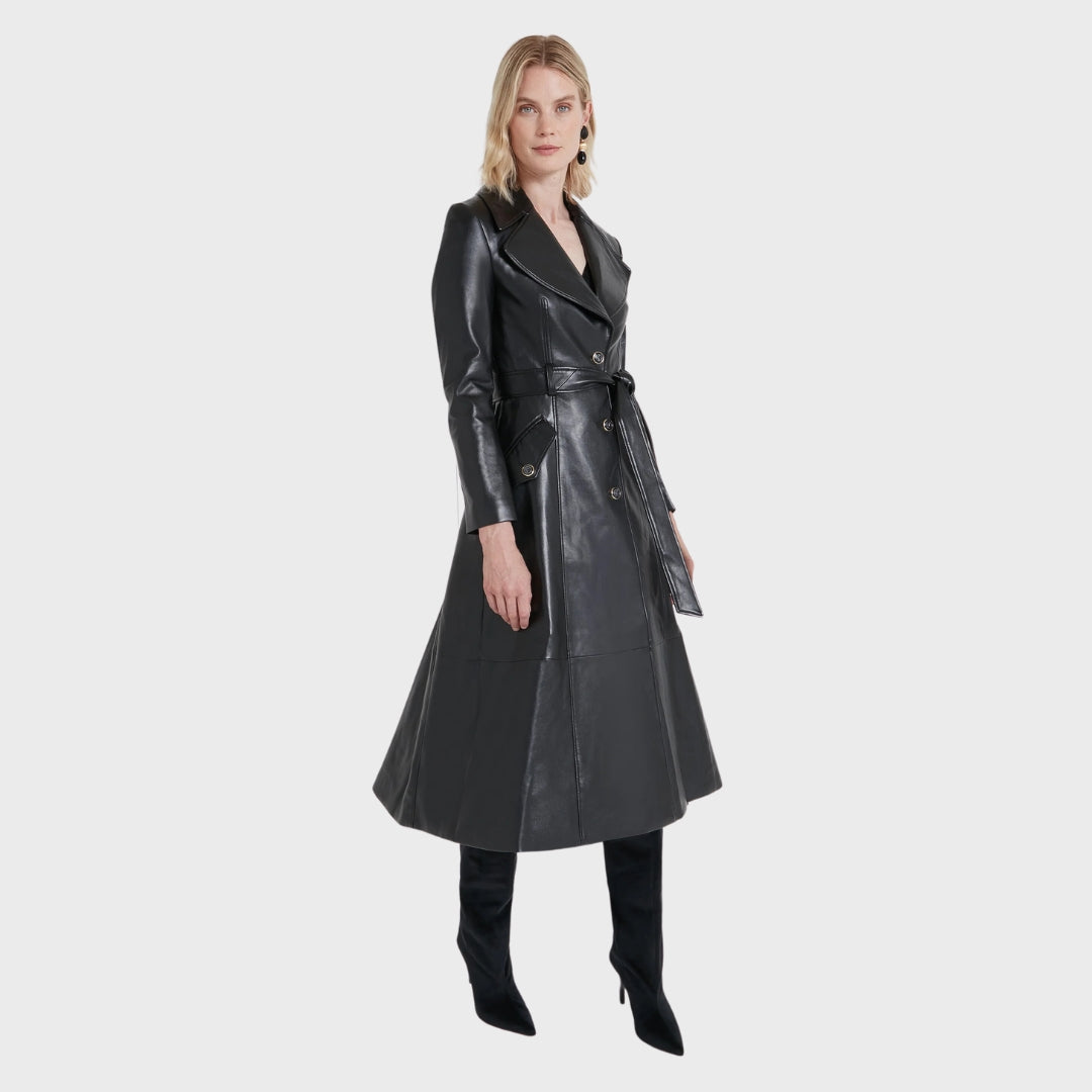 Lara Black Leather Trench Coat 2