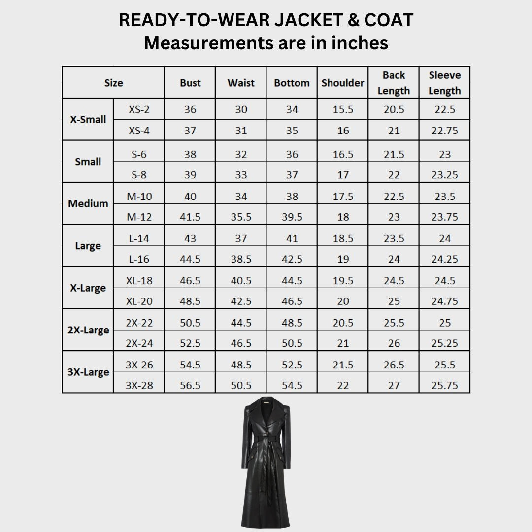 Lara Black Leather Trench Coat Body Size Chart